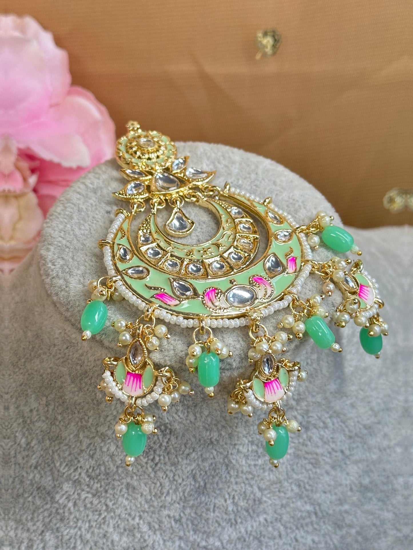 Meenakari/Faux Kudan Large Tikka - Mint/ Tikli/ Indian/ Pakistani Fashion Jewellery/ Maang Tikkas