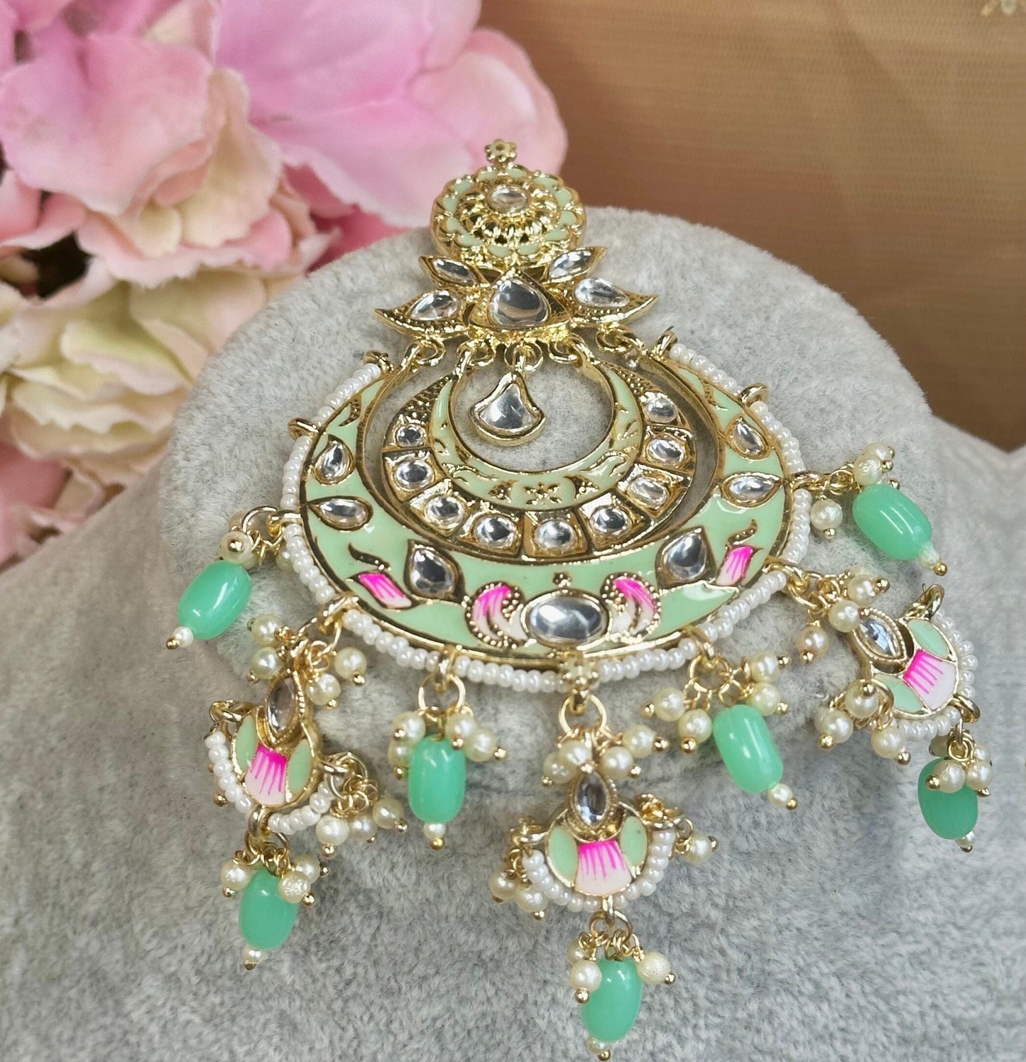 Meenakari/Faux Kudan Large Tikka - Mint/ Tikli/ Indian/ Pakistani Fashion Jewellery/ Maang Tikkas