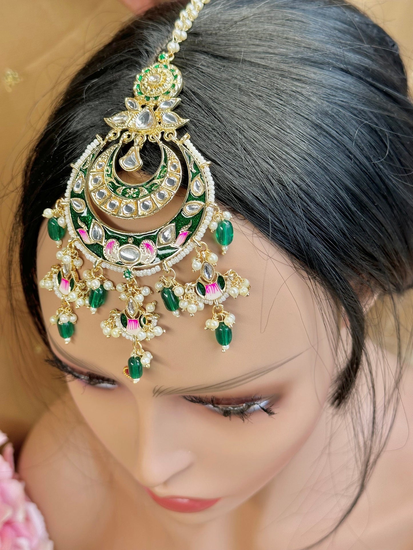 Meenakari/Faux Kudan Large Tikka - Green/ Tikli/ Indian/ Pakistani Fashion Jewellery/Maang Tikkas