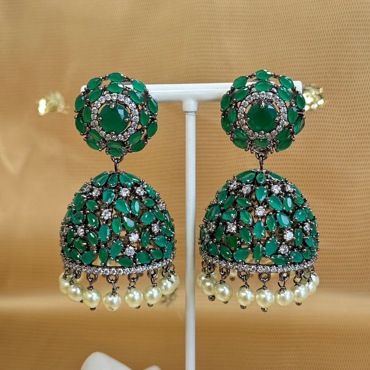 Green Medium Diamante Jhumka Earrings
