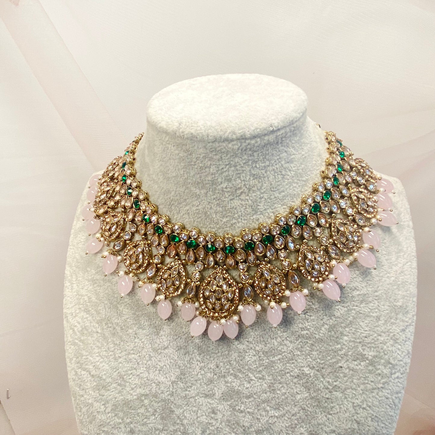 Antique Gold Green and Pink Double Necklace Only