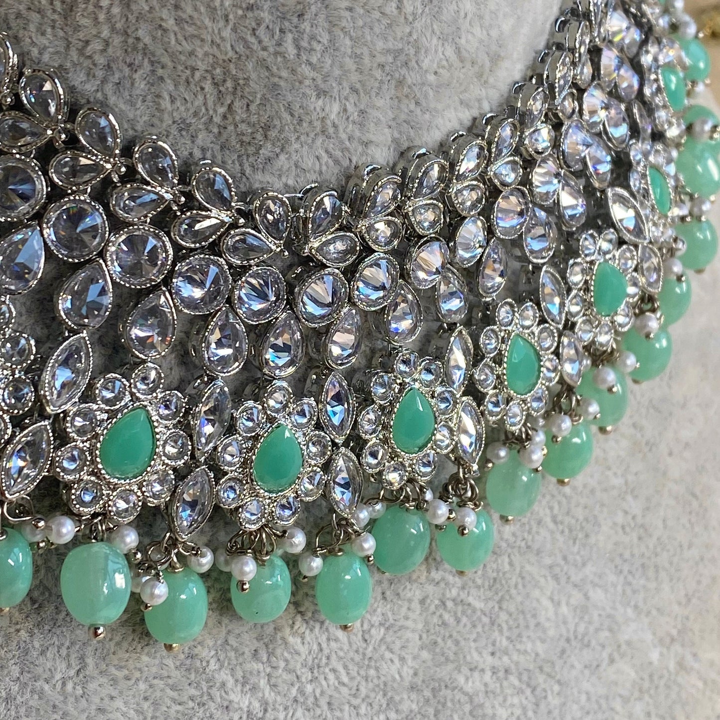 Silver and Mint Bridal Necklace Set Indian/ Pakistani Style/ Wedding/ Fashion Jewellery/ Necklace set