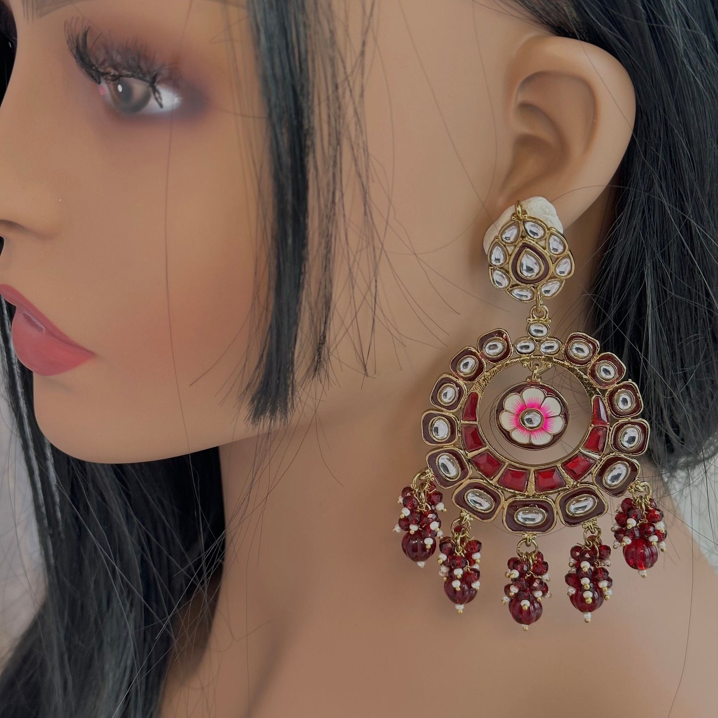 Large Earrings - Deep Maroon/ Hand Painted Indian Earring/Indian/ Pakistani Style/Gift for women