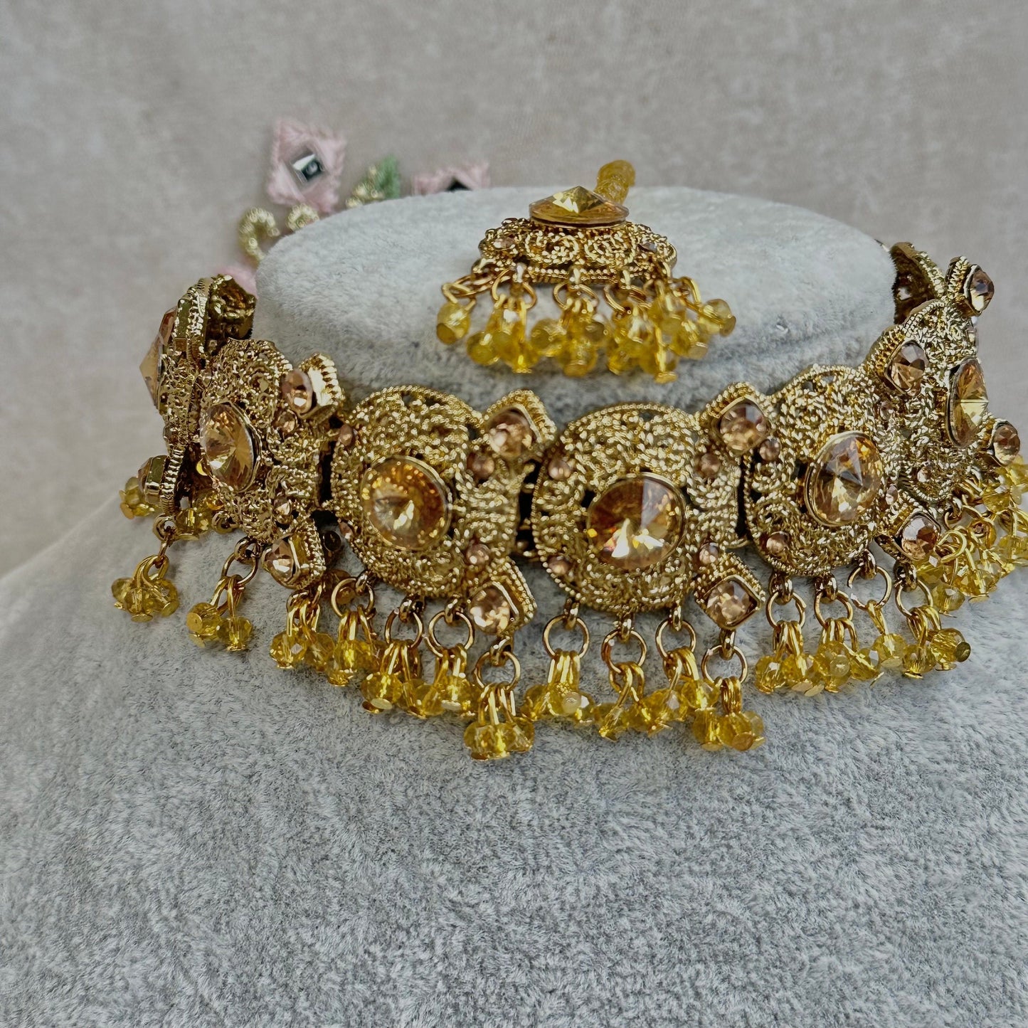 Bright Gold Choker Set/ Jhumka earring/ Tikka/ Indian/ Pakistani/Fashion Jewellery/