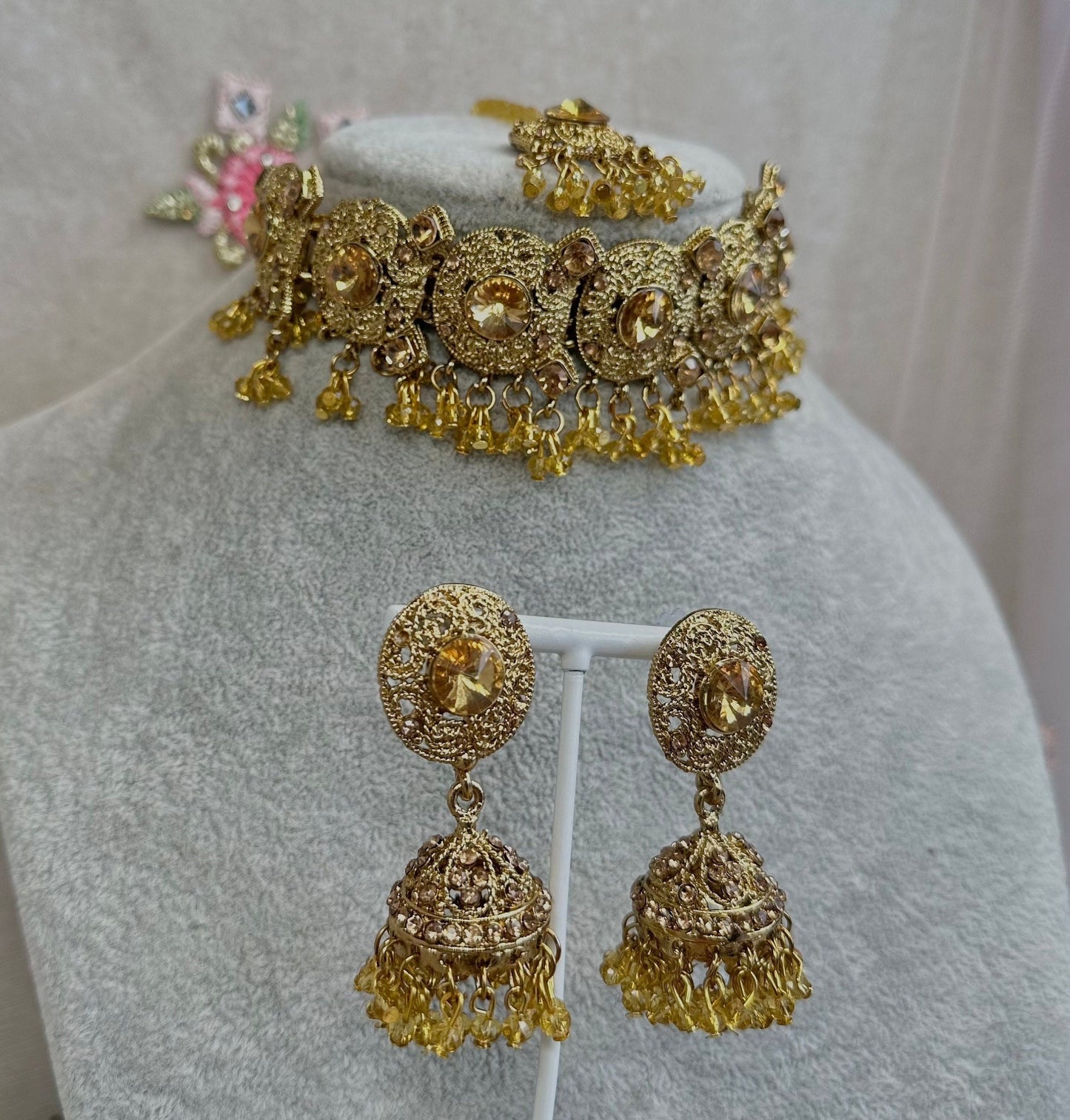 Bright Gold Choker Set/ Jhumka earring/ Tikka/ Indian/ Pakistani/Fashion Jewellery/