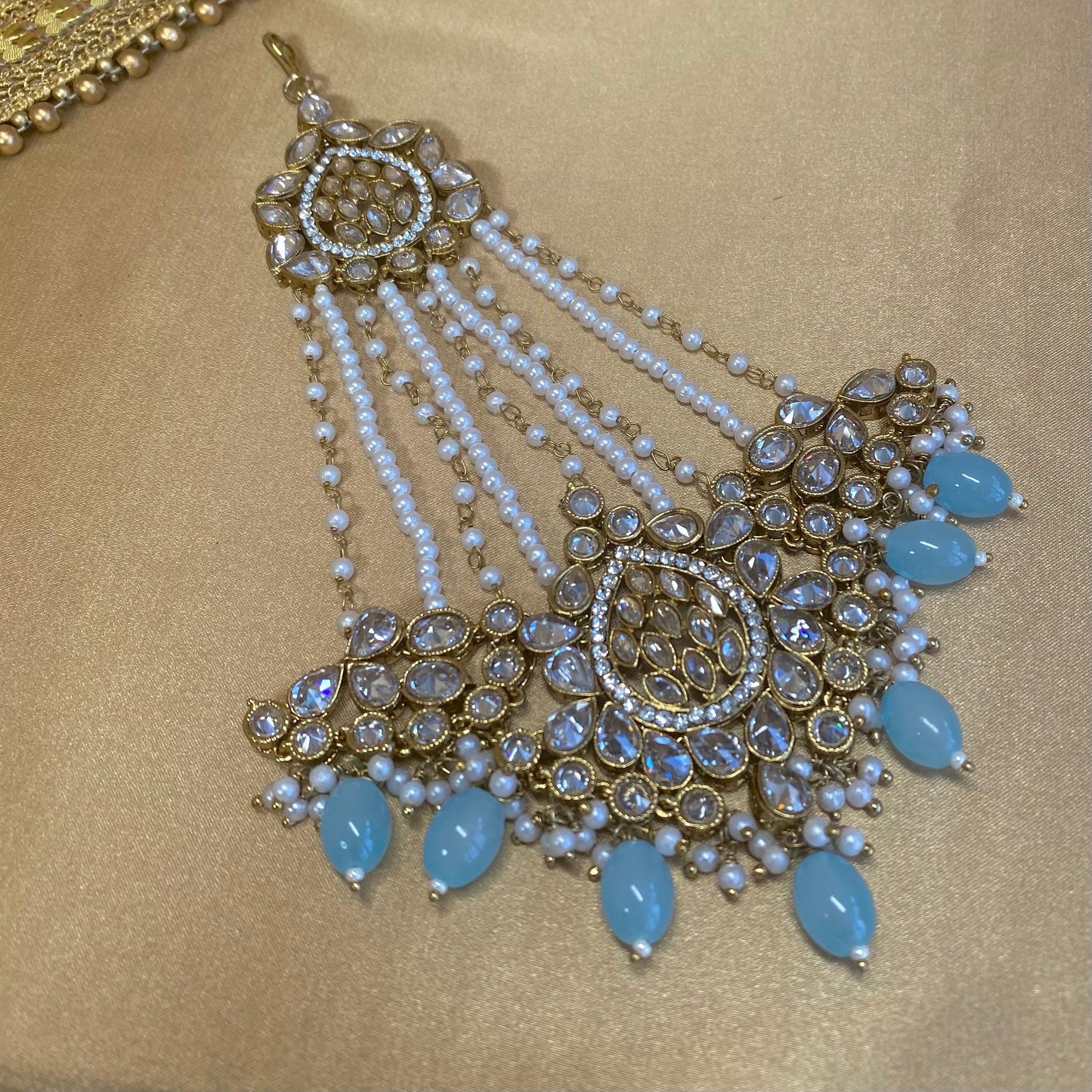 Antique Gold Jhumar - Light Blue/ Passa/ Indian/ Pakistani Style/Headpieces