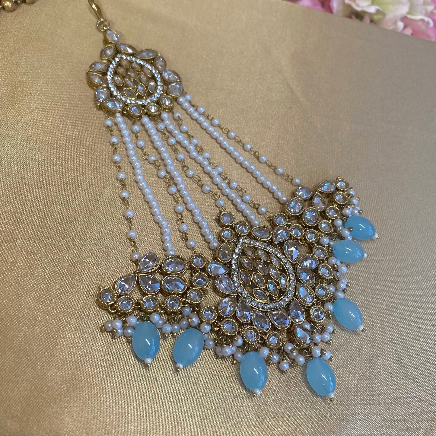 Antique Gold Jhumar - Light Blue/ Passa/ Indian/ Pakistani Style/Headpieces