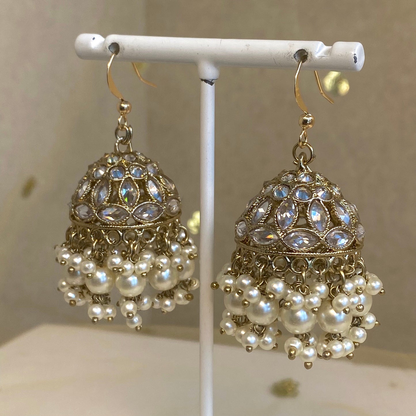 Gold Pierced Jhumki/ Pearl Jhumka Earring/ Off White Pearl