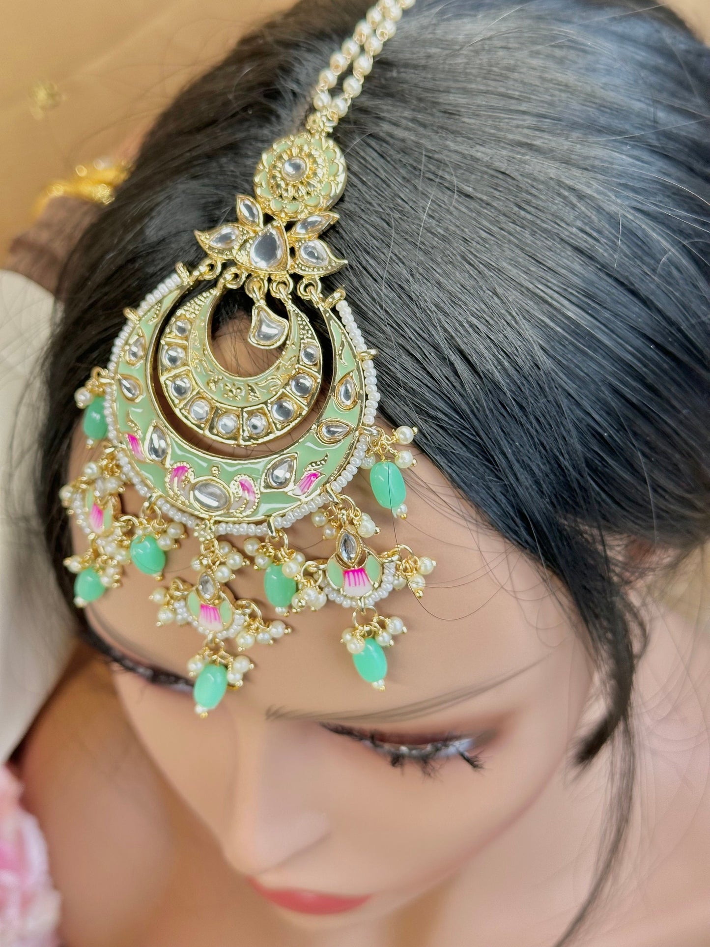 Meenakari/Faux Kudan Large Tikka - Mint/ Tikli/ Indian/ Pakistani Fashion Jewellery/ Maang Tikkas