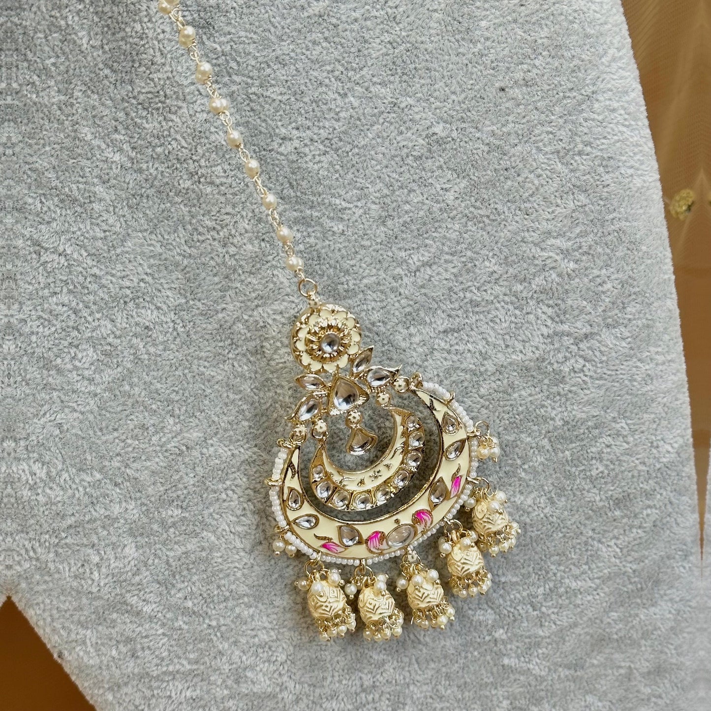 Meenakari/Faux Kudan Large Tikka - Cream/ Tikli/ Indian/ Pakistani Fashion Jewellery/Maang Tikkas