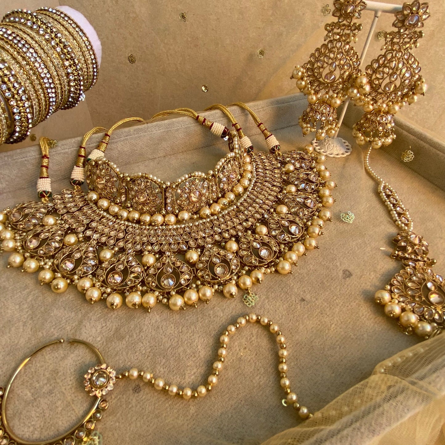Gold/Pearl Bridal Set with Nose Ring Indian/ Pakistani Style/ Wedding/ Fashion Jewellery/ Necklace set