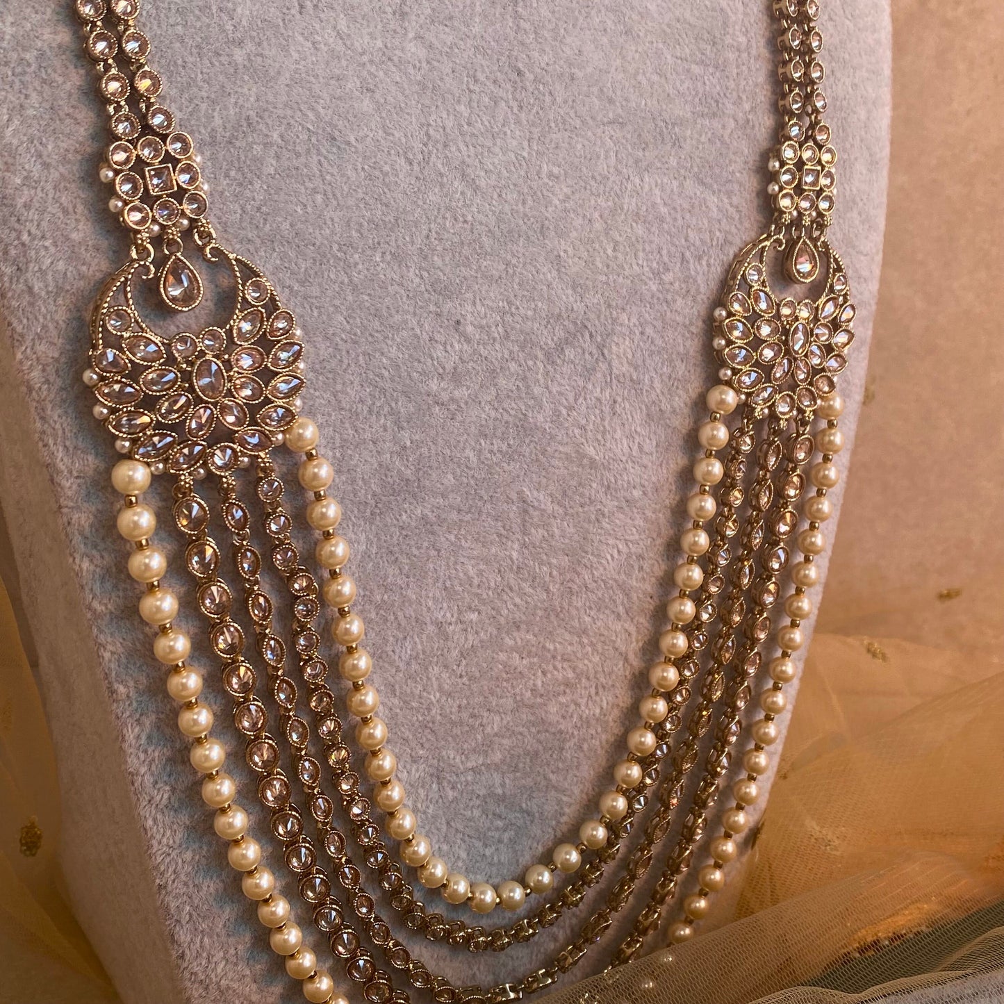Antique Gold and Champagne Bridal set Indian/ Pakistani Style With Necklace, Long necklace/ Mala/ Earring Tikka/ Tikli, Jhumar/Jhoomar.