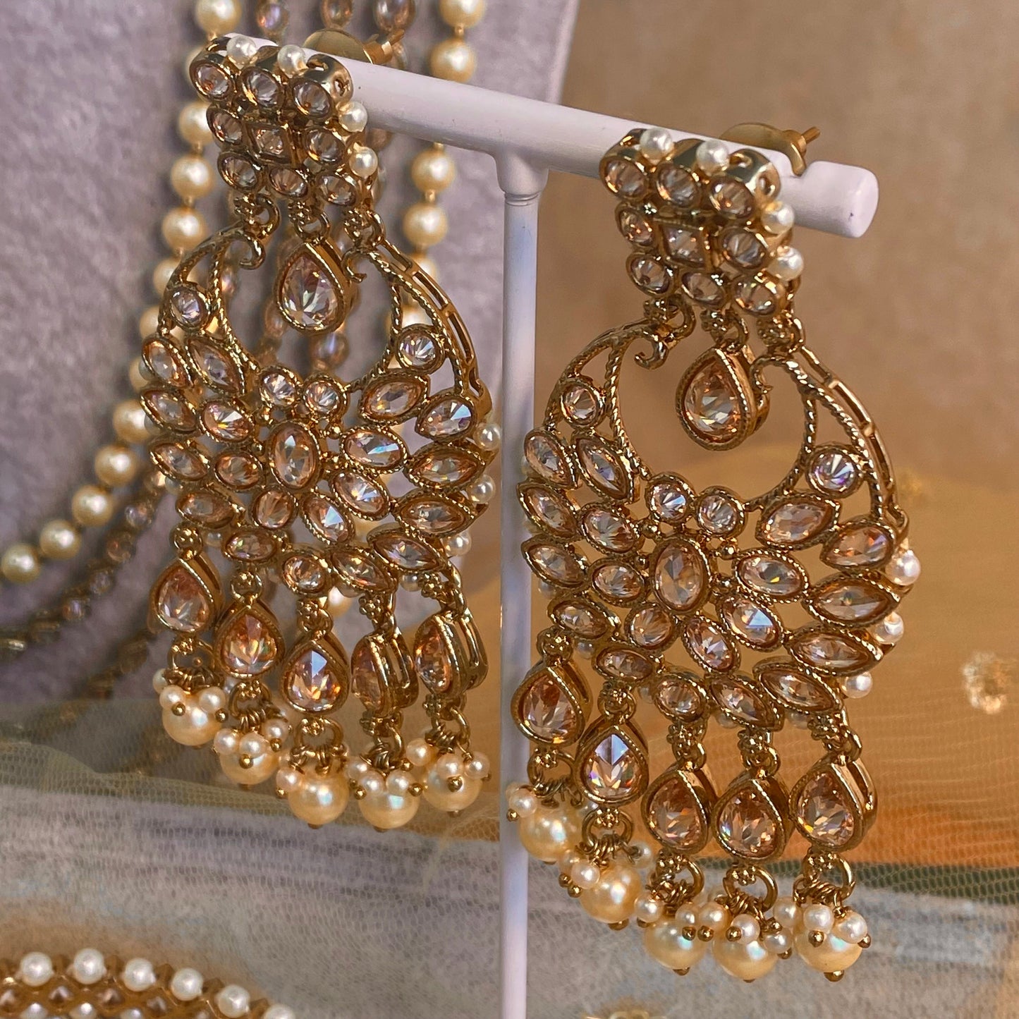 Antique Gold and Champagne Bridal set Indian/ Pakistani Style With Necklace, Long necklace/ Mala/ Earring Tikka/ Tikli, Jhumar/Jhoomar.