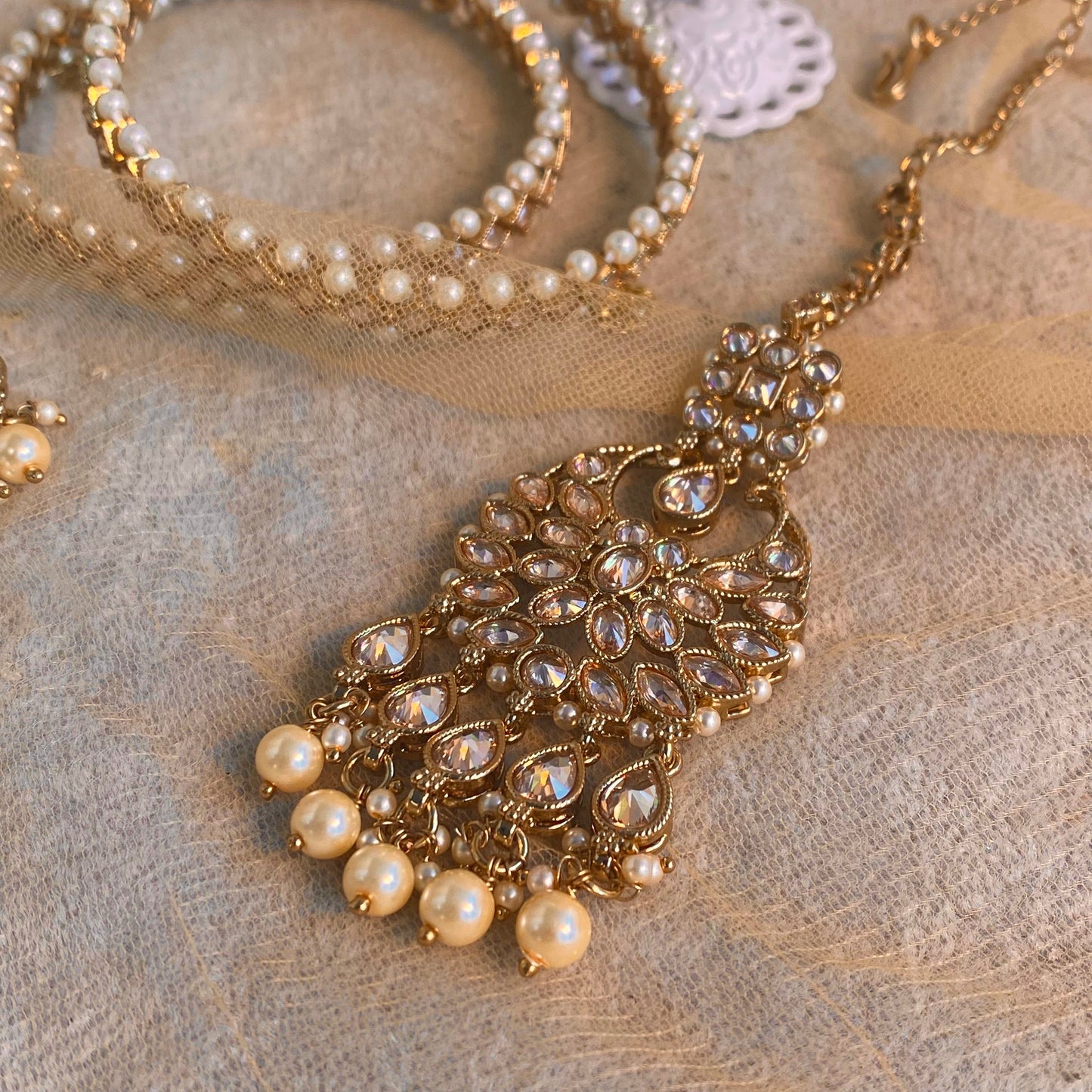 Antique Gold and Champagne Bridal set Indian/ Pakistani Style With Necklace, Long necklace/ Mala/ Earring Tikka/ Tikli, Jhumar/Jhoomar.