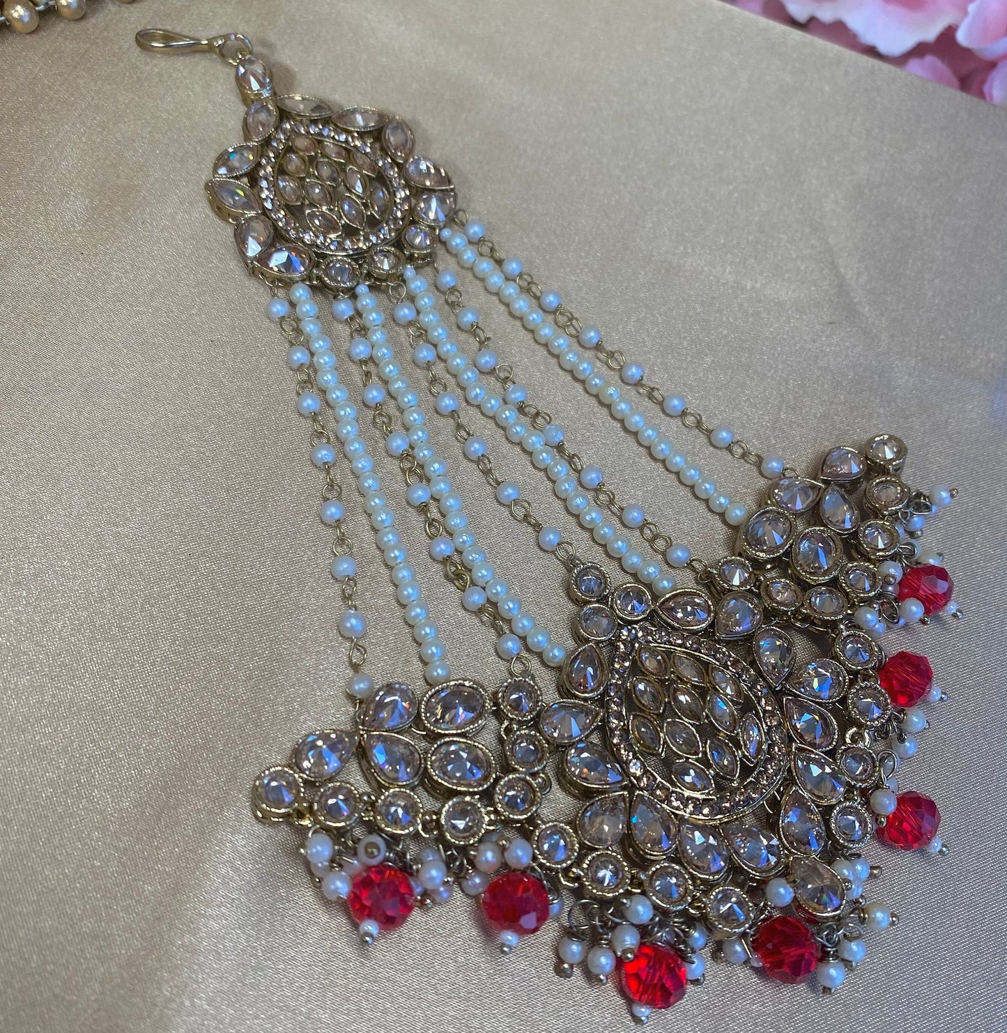 Antique Gold Jhumar - Red/ Passa/ Indian/ Pakistani Style/Headpieces