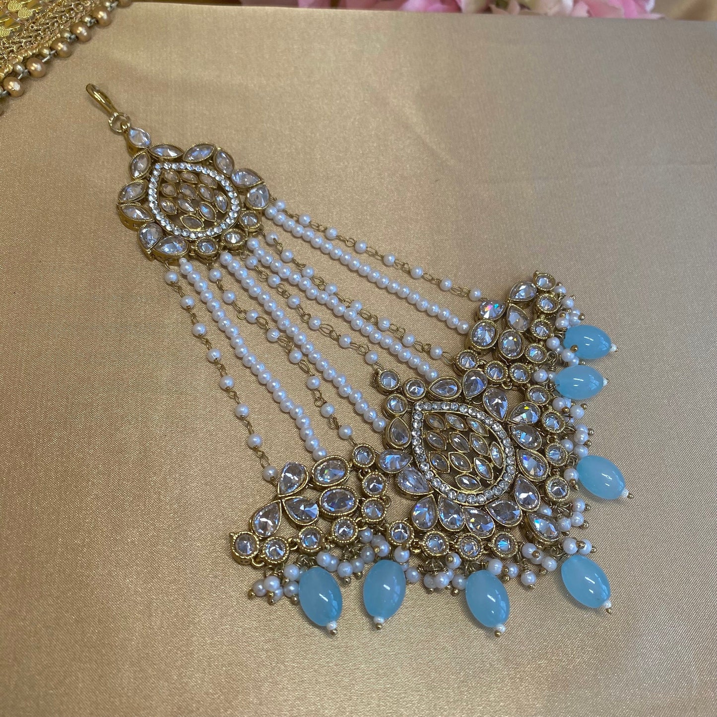 Antique Gold Jhumar - Light Blue/ Passa/ Indian/ Pakistani Style/Headpieces