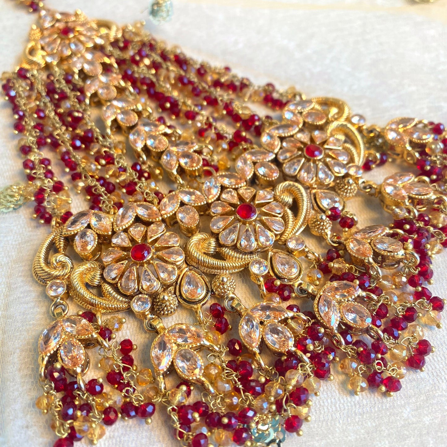 Gold Plated Maroon Bridal Choker Set- With Choker, Jhumka Earring, Tikka, Jhumar/ Indian/ Pakistani Style/ With Jhumar