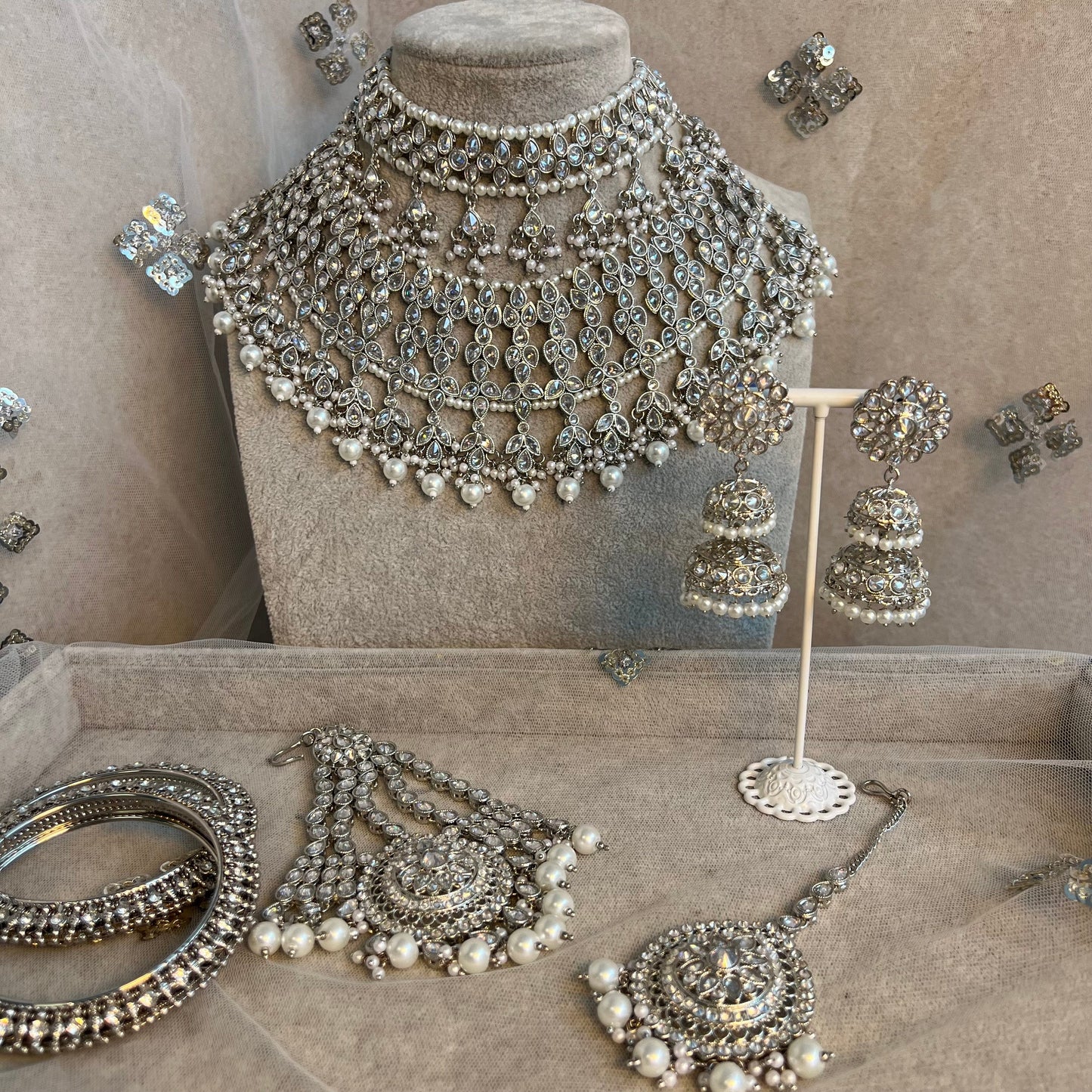 Silver Bridal Set - Pearl Indian/ Pakistani Style With Jhumka earring, Tikka/Tikli, Jhumar/jhoomar/ Wedding/ Fashion Jewellery/ Necklace set
