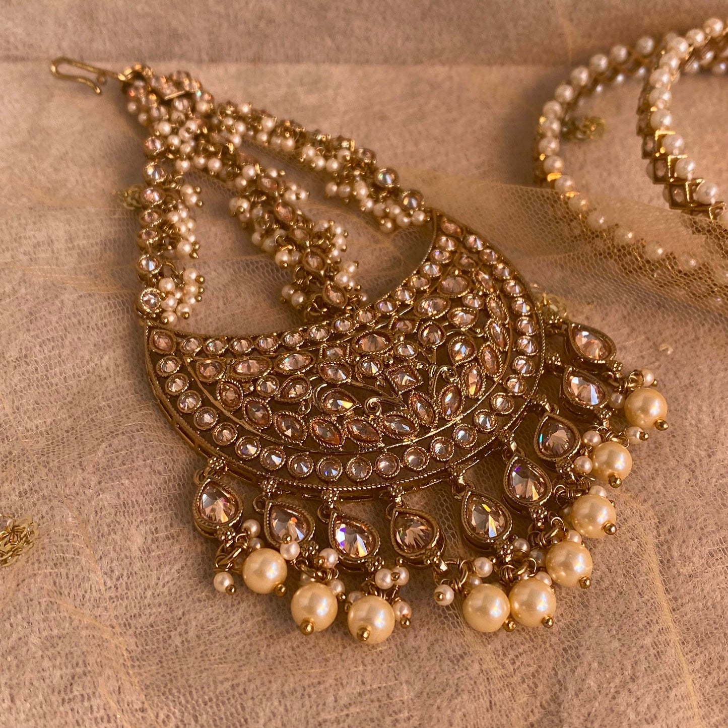 Antique Gold and Champagne Bridal set Indian/ Pakistani Style With Necklace, Long necklace/ Mala/ Earring Tikka/ Tikli, Jhumar/Jhoomar.