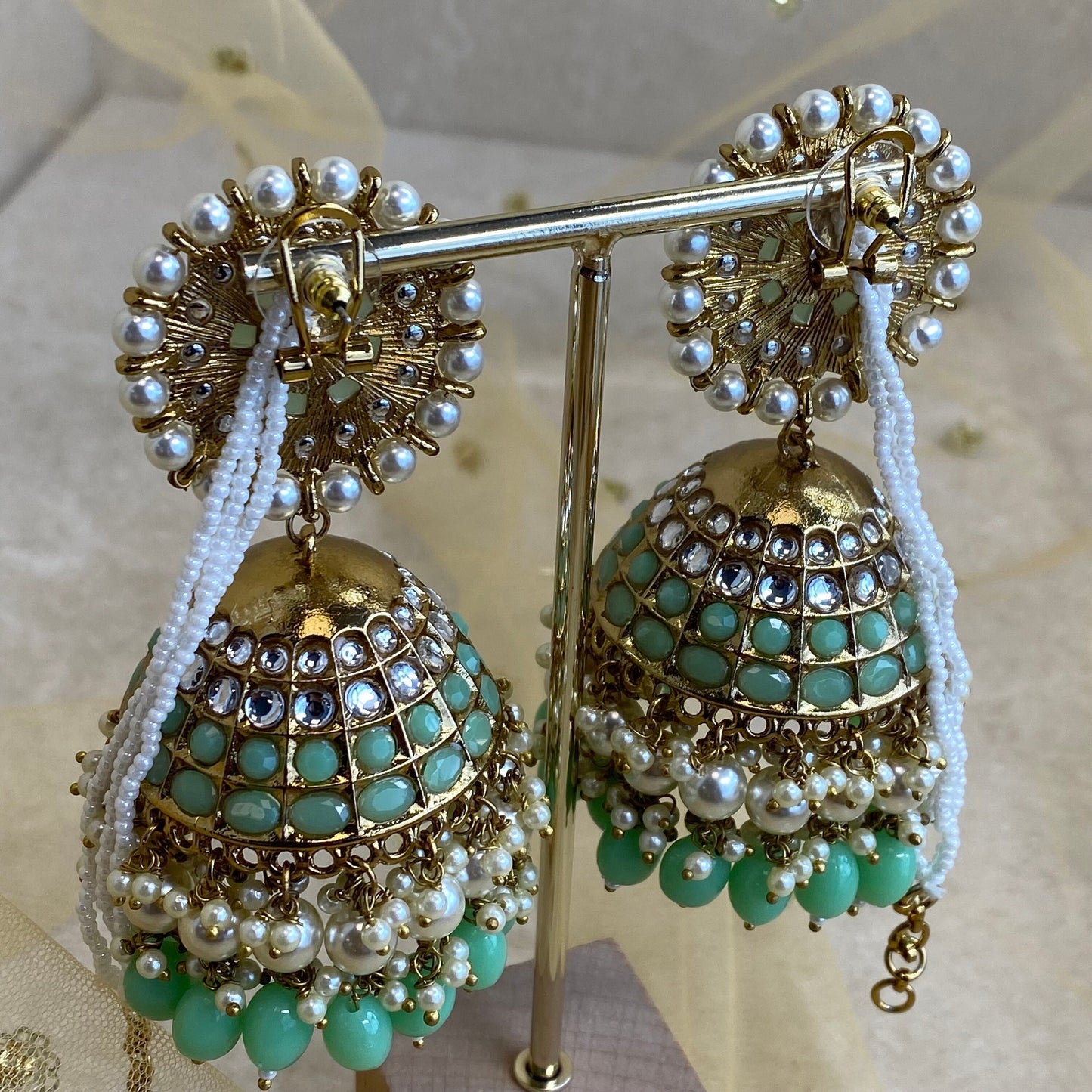 Meenakari/ Indian/ Pakistani Style/ Extra Large Mint Jhumka Earrings