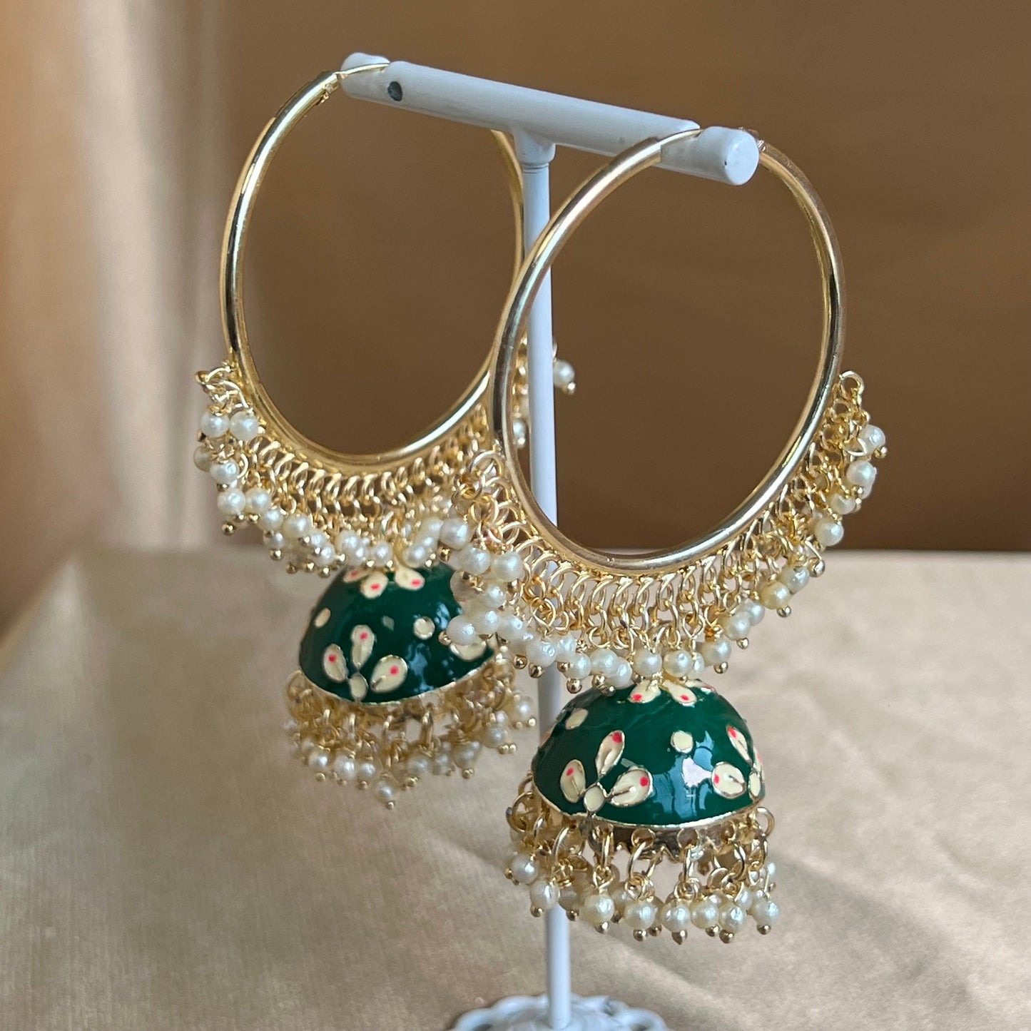 Meenakari/ Indian/ Pakistani Style/Green- Hand Painted Jhumka Hoop Earrings