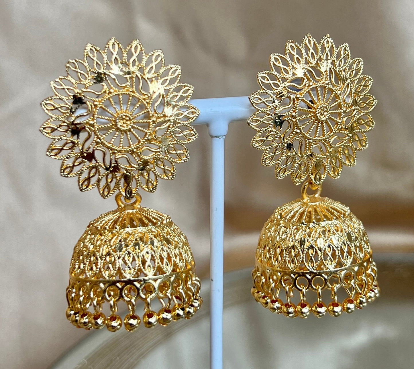 Bright Gold Flower Jhumka Earrings/ Fashion Jewellery/ Gift for Women/Indian/Pakistani style