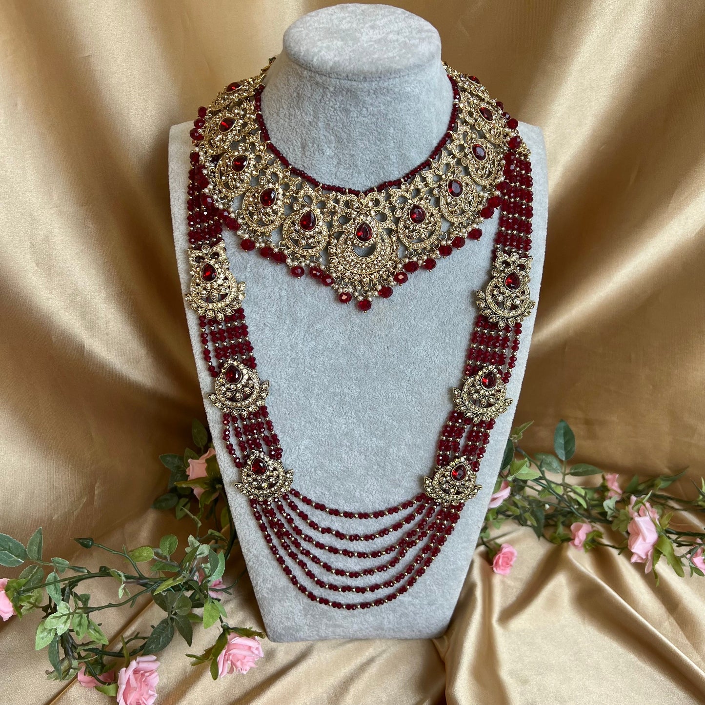 Maroon Necklace and Mala/ Indian/ Pakistani Style/Wedding/Bridal/Haar/Long Necklace/Gold