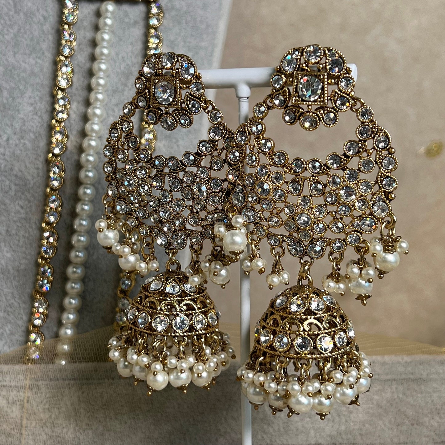 Bridal Clear Crystal Necklace set With Jhumar/Jhoomar/long necklace/ Haar/ Mala/ Earring/Wedding/Fashion