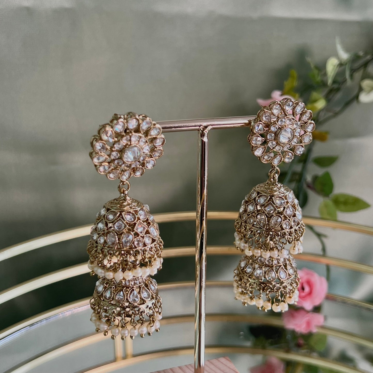 2 Tier Indian Clear Jhumka Earrings