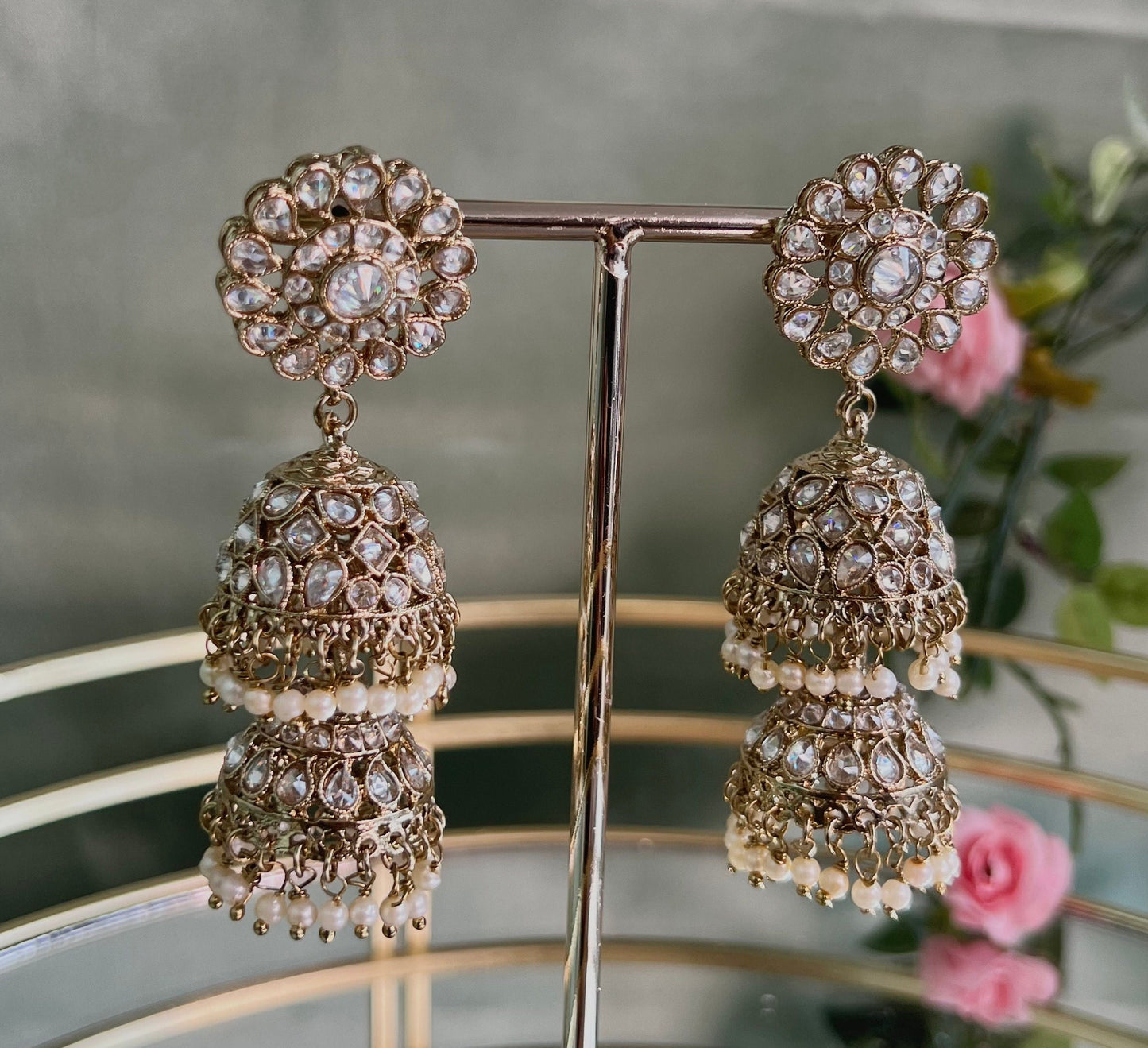 2 Tier Indian Clear Jhumka Earrings