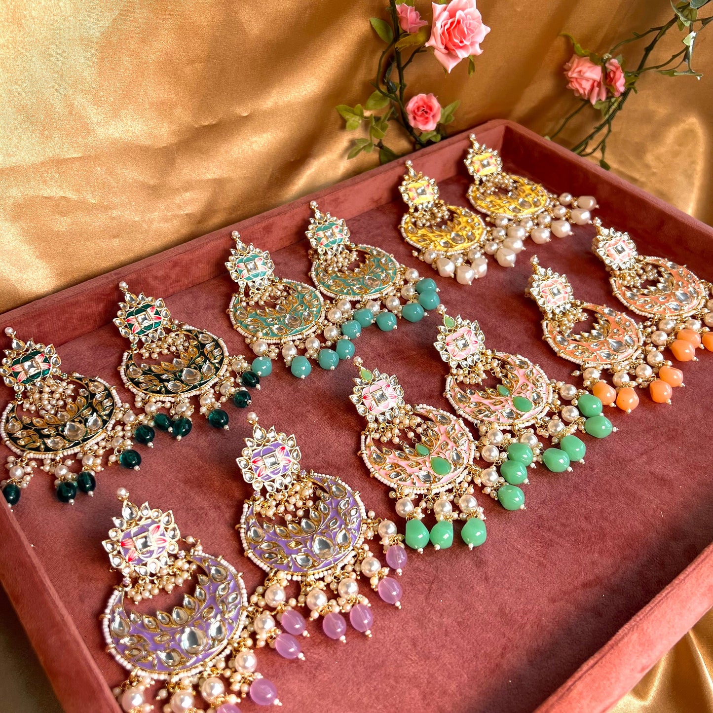Meenakari/ Yellow/ Pearl- Hand Painted Kundan Earring Large/ Fashion Jewellery/ Gift for Women