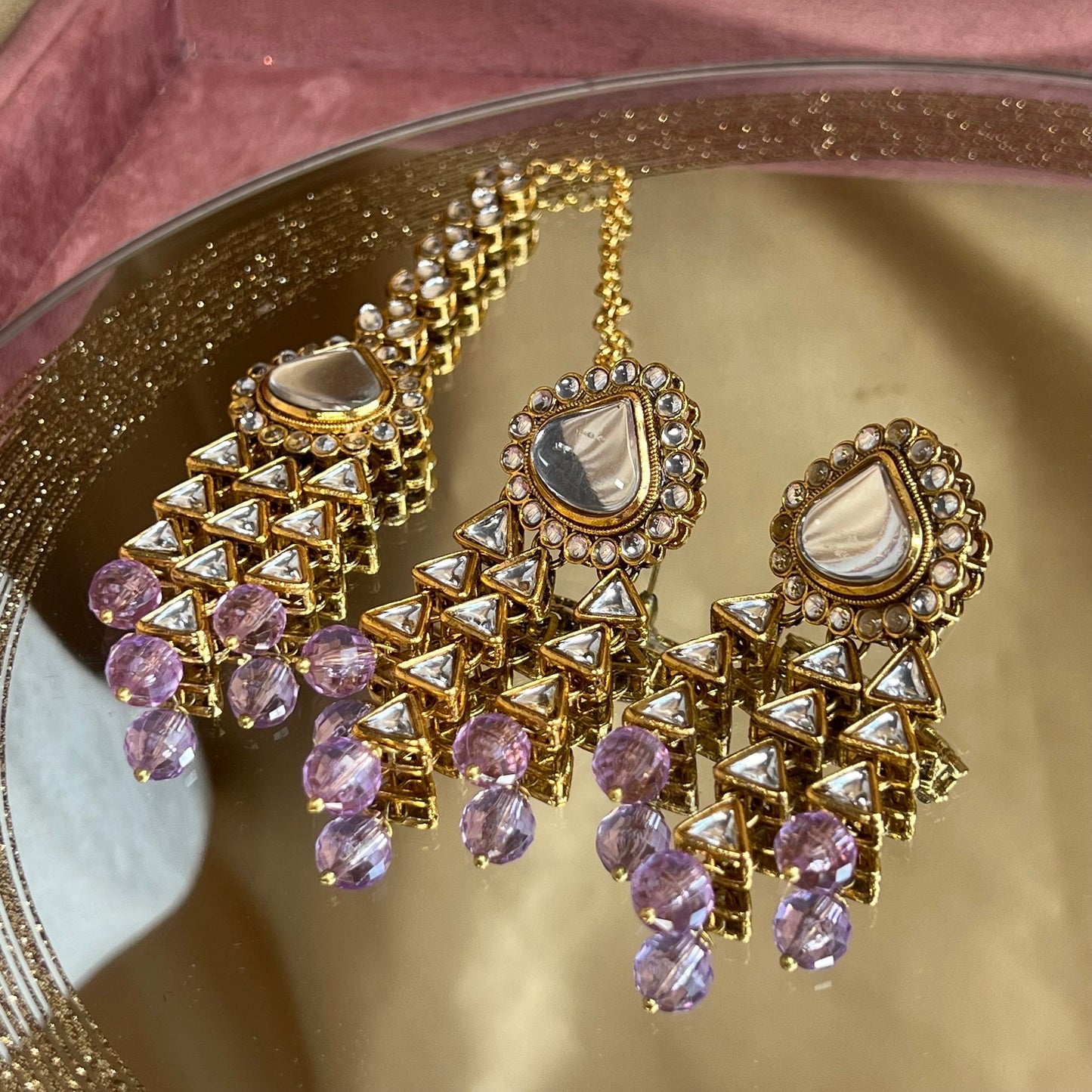 Lilac Long Necklace Set/Mala/Haar/ Earring/ Tikka/ Tikli/ Indian/ Pakistani/Fashion Jewellery/ Gift for Women