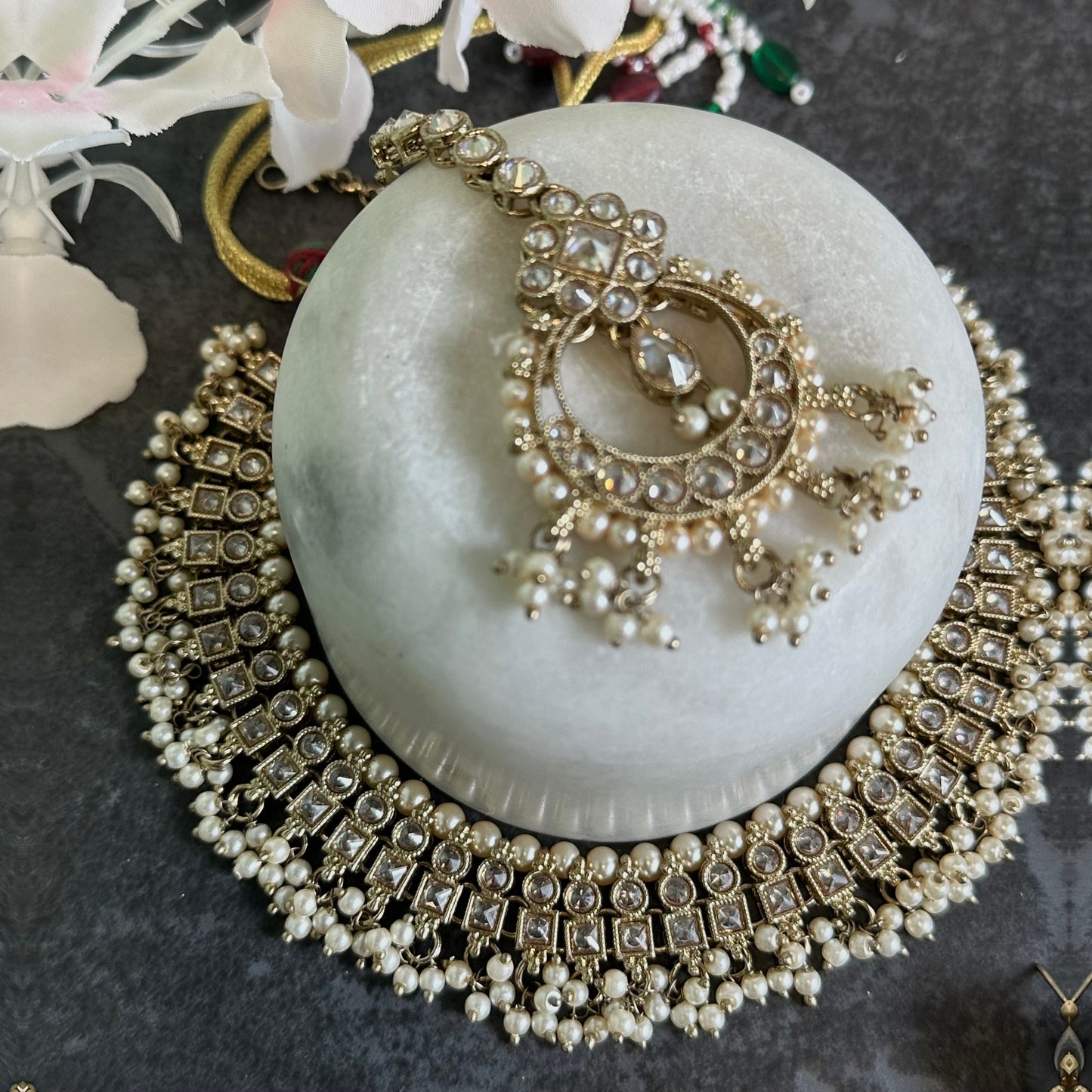 Gold Crystal Choker Set Earring/ Tikka/ Tikli/ Indian/ Pakistani/Fashion Jewellery/ Gift for Women