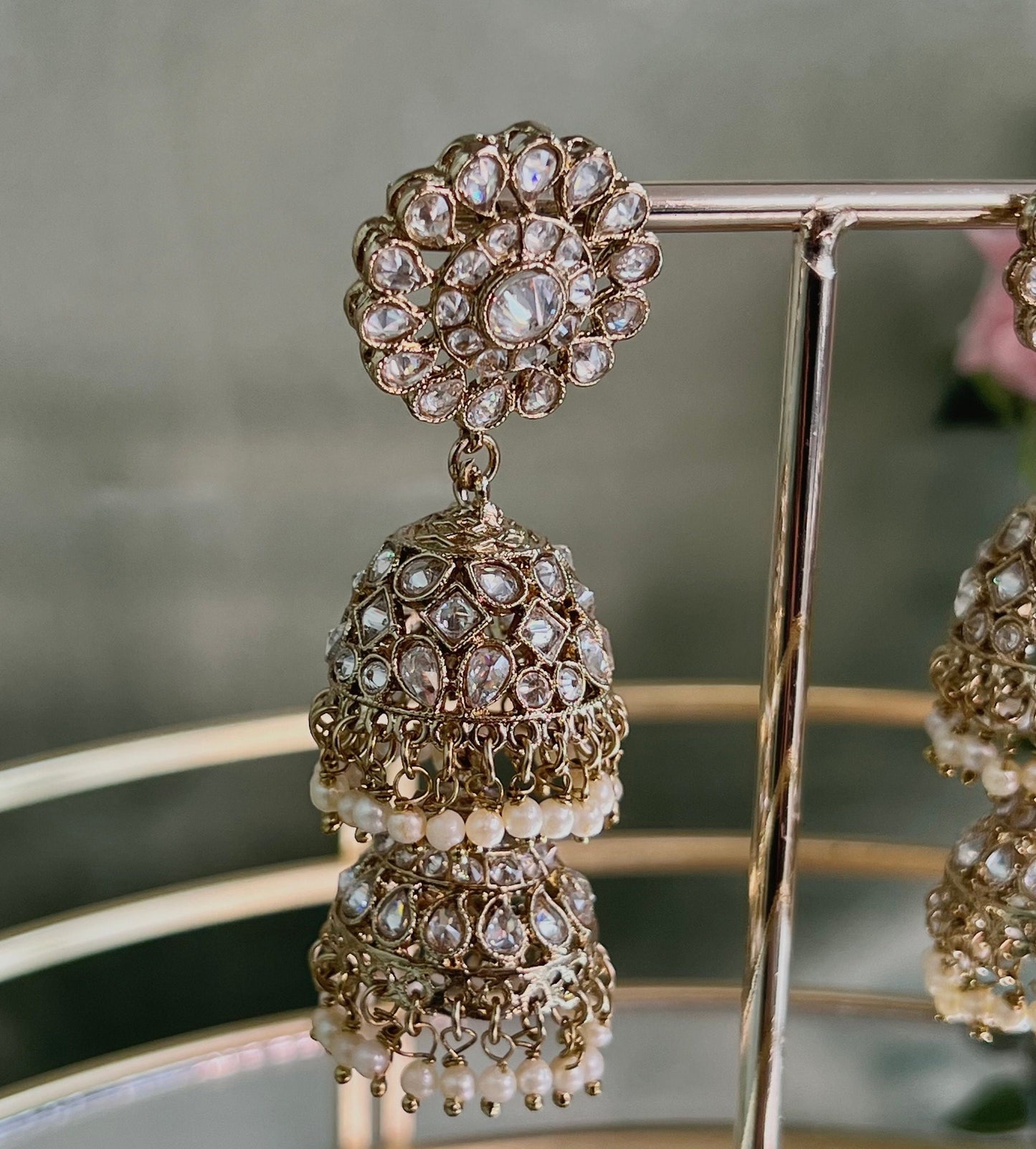 2 Tier Indian Clear Jhumka Earrings