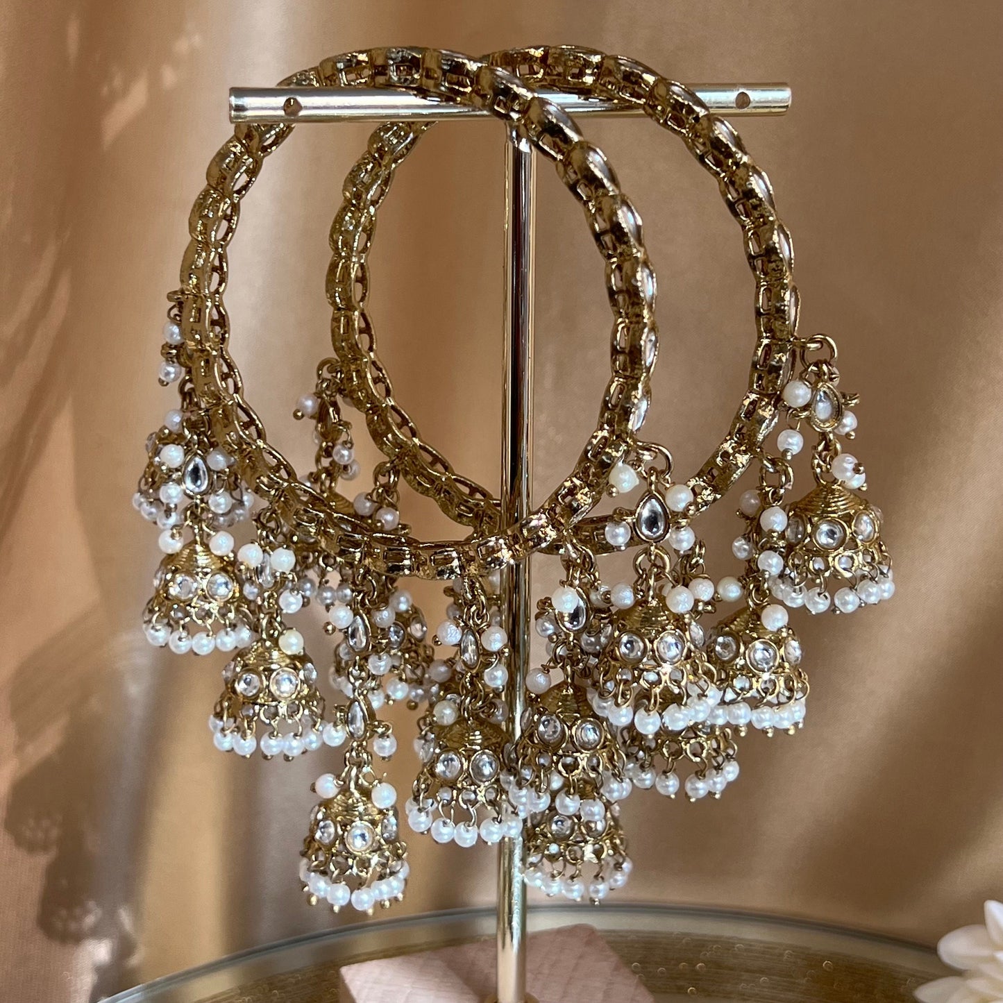 Antique Gold 7 Long Drop Jhumka Bangles - Clear/Indian/ Pakistani/Jewelley/ Fashion Bracelet