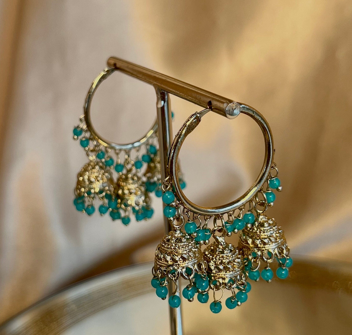 Teal Antique Gold Medium Jhumki - Hoops Indian Style Earrings/Mehendi Night Hoop Jhumkas Earrings/Gifts for Women