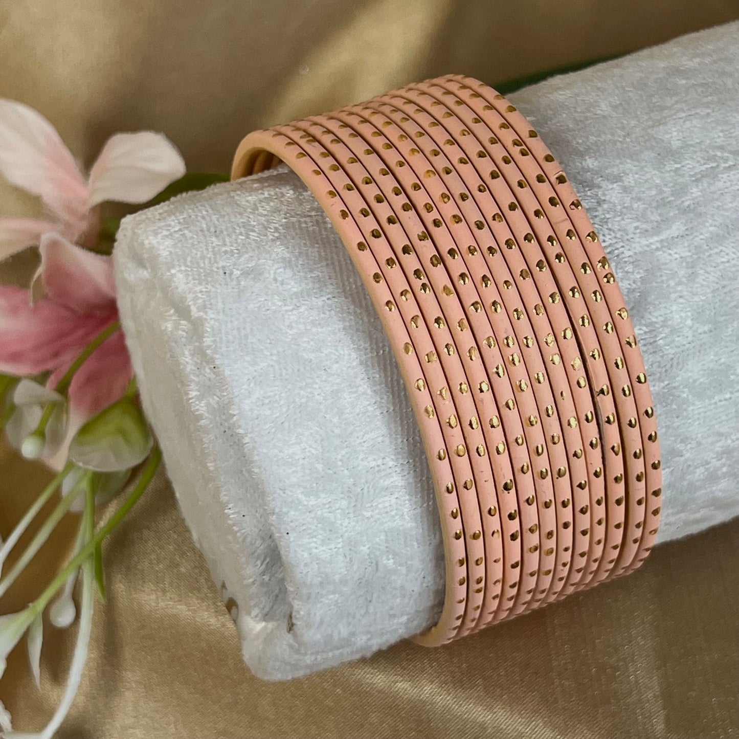 Peach Gold Dot Single Bangles - Set of 12 - Indian Bangles/Bracelets/Matte Bangles/Indian & Pakistani Jewellery