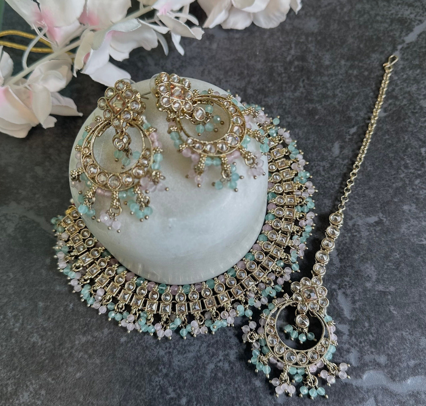 Pastels Crystal Choker Set Earring/ Tikka/ Tikli/ Indian/ Pakistani/Fashion Jewellery/ Gift for Women