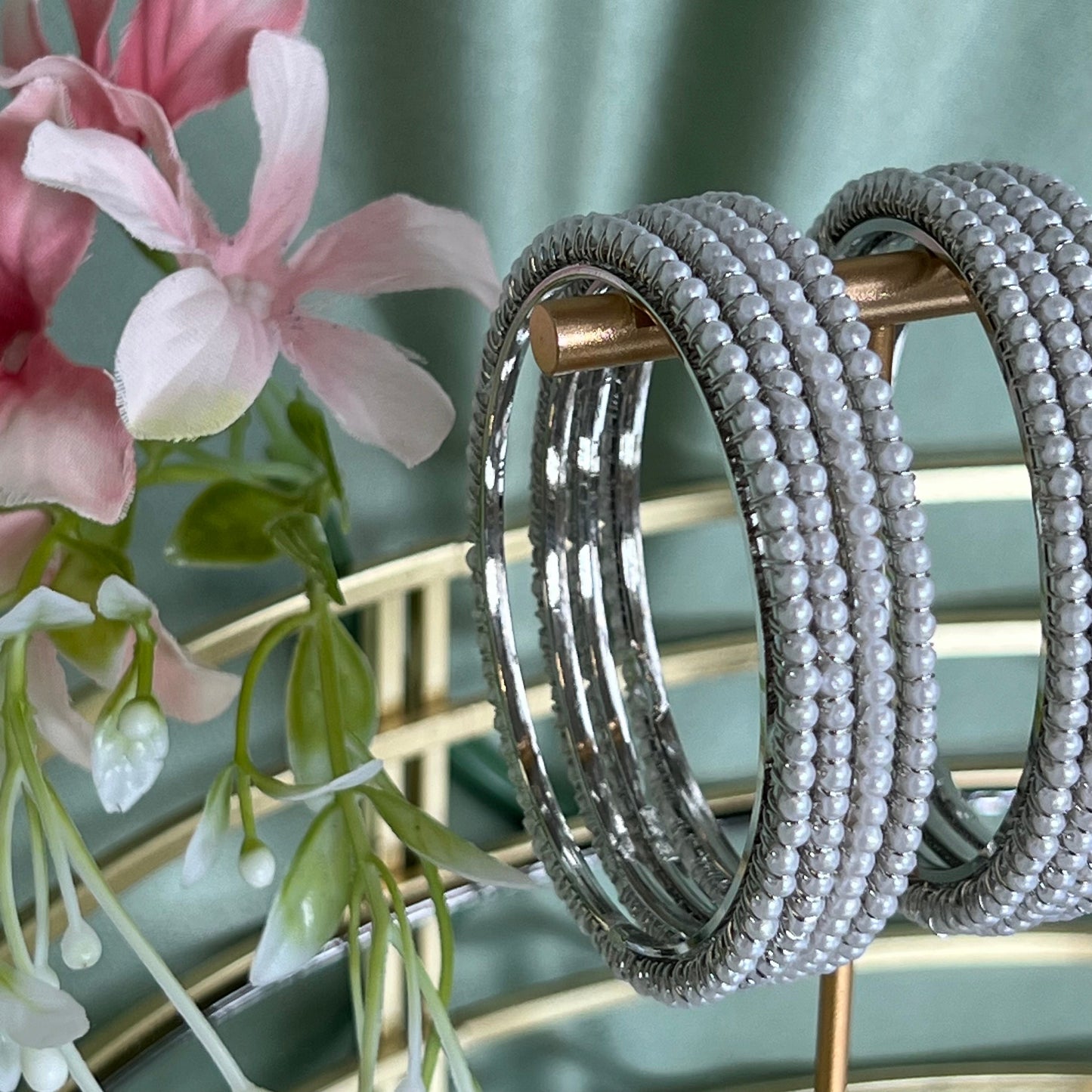 Set of 4 Silver Pearl 2.2 Bangle Set/Indian/ Pakistani/Jewelley/ Fashion Bracelet