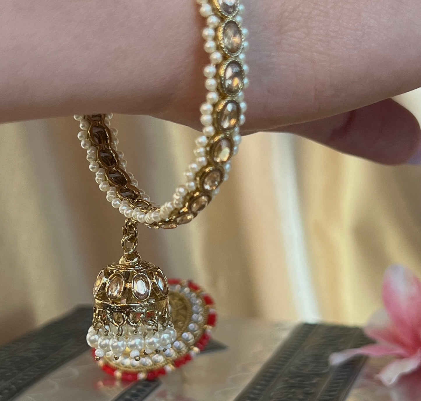 Champagne Faux Kundan Pearl Jhumka Bangle X 4/Indian/ Pakistani/Jewelley/ Fashion Bracelet