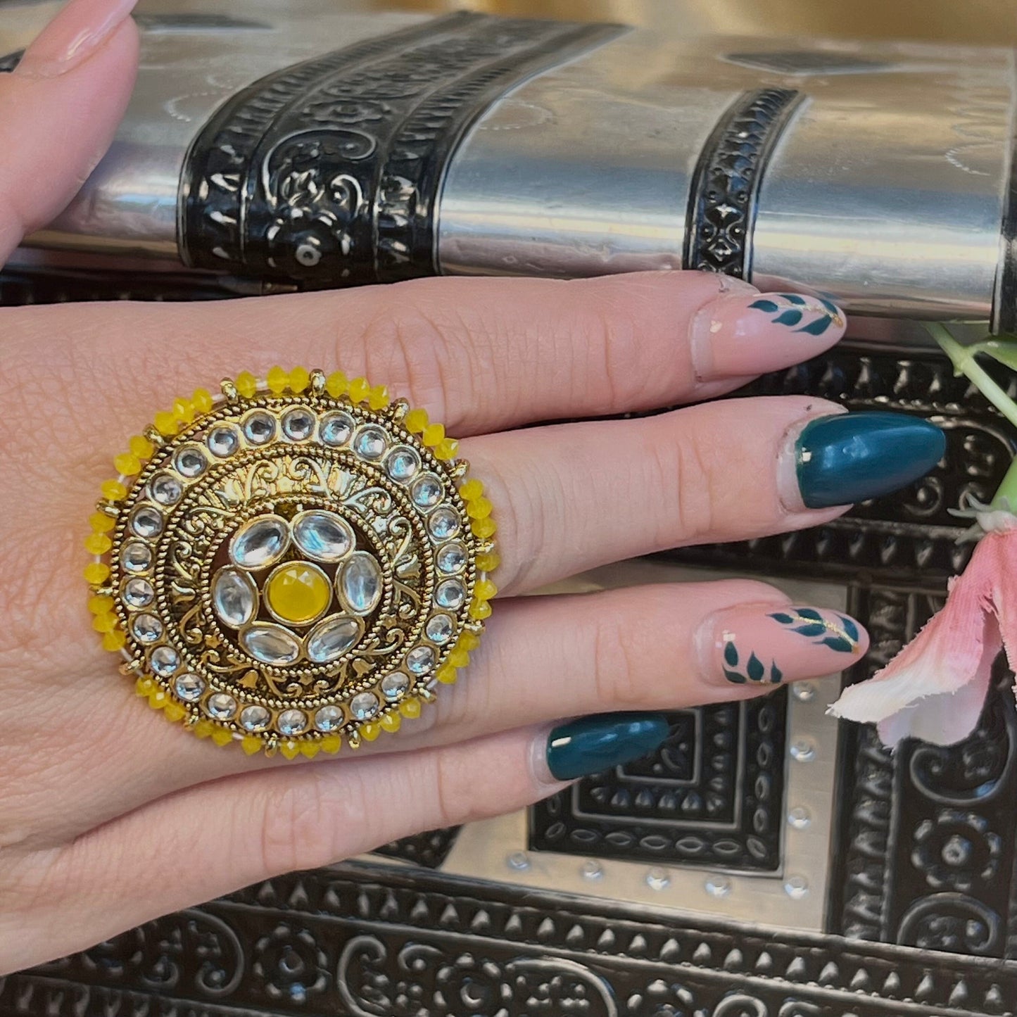 Large Yellow Faux Kundan Ring /Fashion Jewellery/ Gift for Women/Indian/Pakistani style