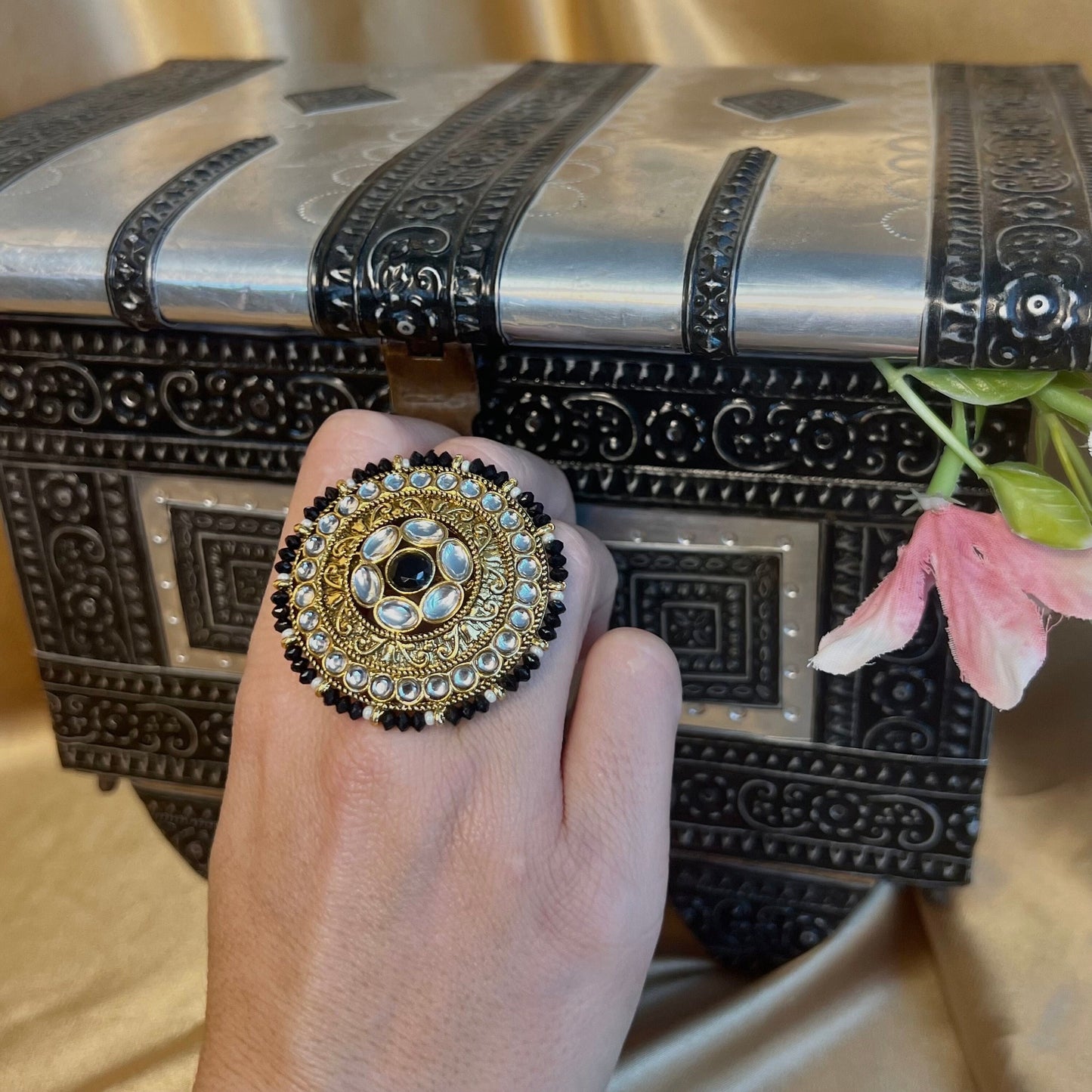 Large Black Faux Kundan Ring/Fashion Jewellery/ Gift for Women/Indian/Pakistani style