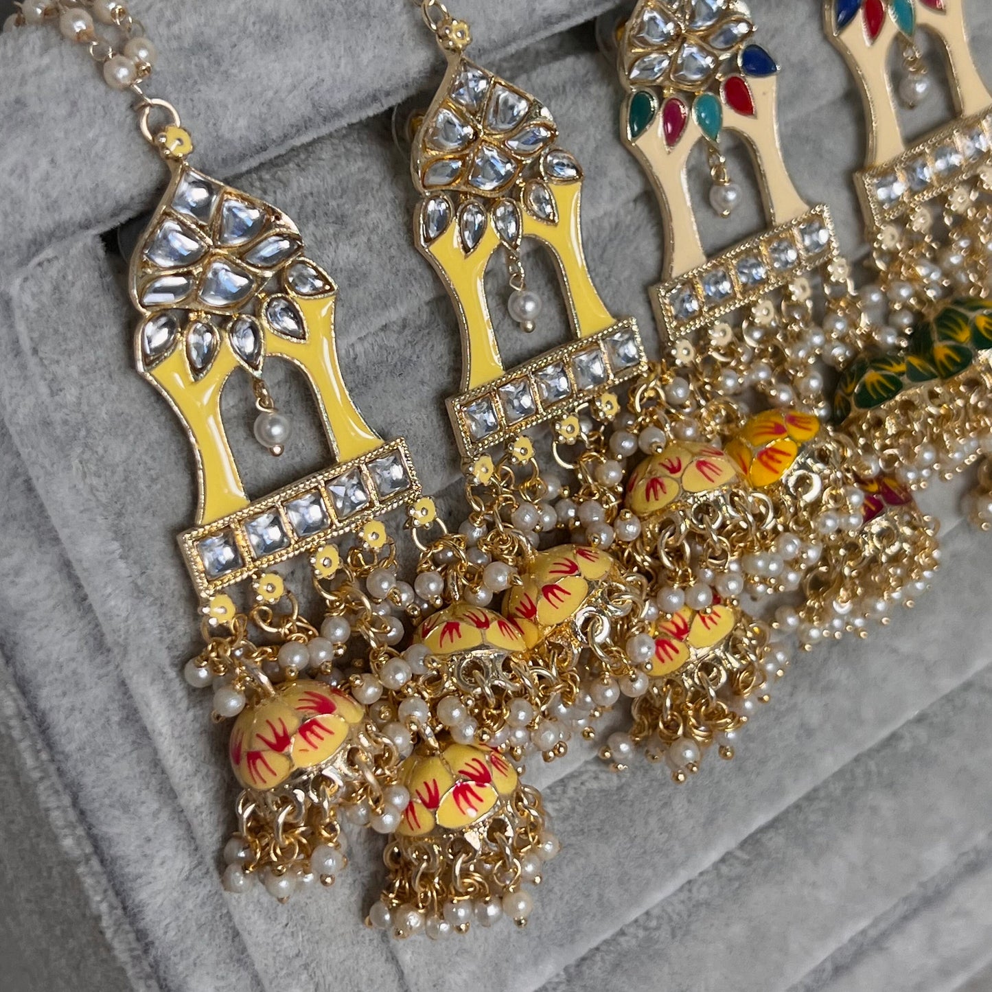Yellow and Pink Meenakari Hand Painted 3 Jhumka Earring / Indian Style/Unique Fancy Jhumka Earrings - NAVRATRI SPECIAL