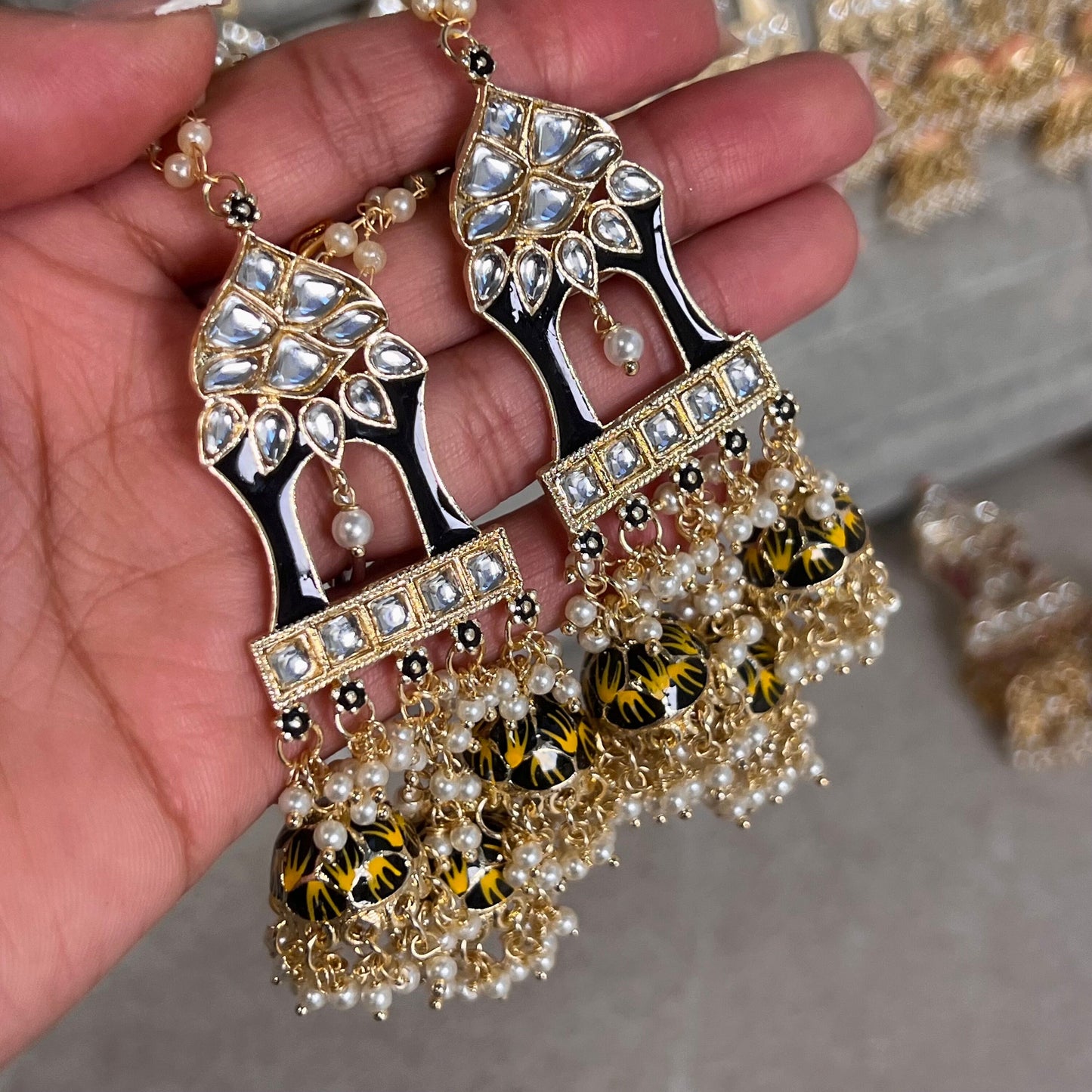 Black and Yellow Meenakari Hand Painted 3 Jhumka Earring / Indian Style/Unique Fancy Jhumka Earrings - NAVRATRI SPECIAL
