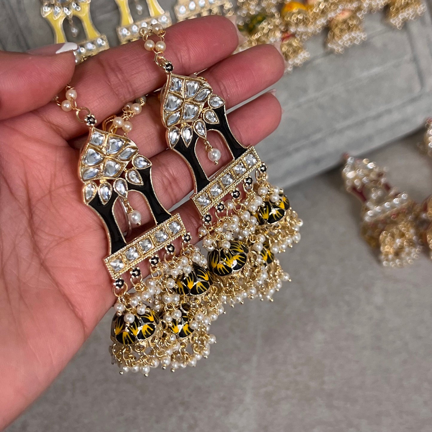 Black and Yellow Meenakari Hand Painted 3 Jhumka Earring / Indian Style/Unique Fancy Jhumka Earrings - NAVRATRI SPECIAL