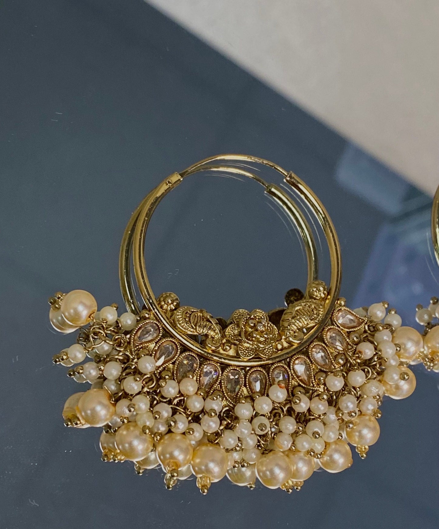 Golden Crystal/Pearl Hoop Indian Earrings/ Indian Style Earring/ Pierced Gold Earring/Valentines gifts