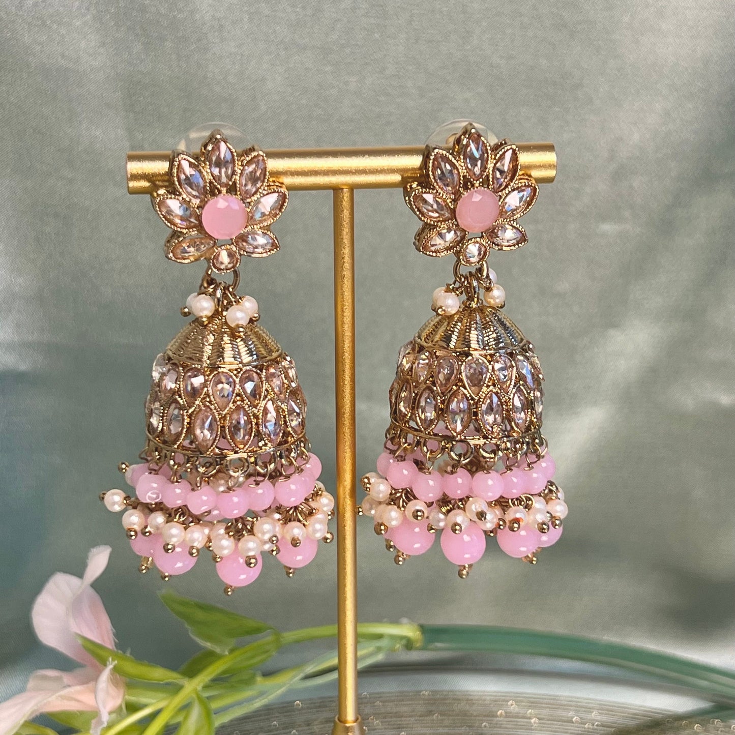 Medium Pink Crystal Indian Jhumka Earrings/Jhumkis/ Fashion Jewellery/ Gift for Women/Indian/Antique Gold Earrings/Pakistani style
