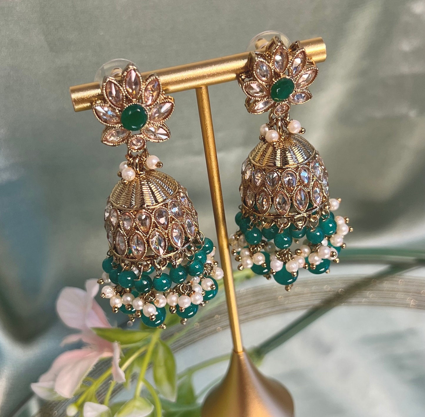 Medium Teal Crystal Indian Jhumka Earrings/Jhumkis/ Fashion Jewellery/ Gift for Women/Indian/Antique Gold Earrings/Pakistani style