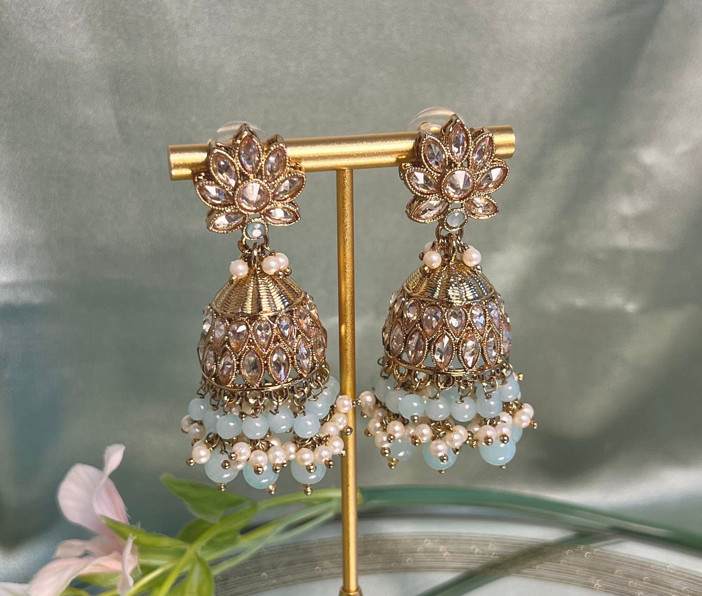 Medium Light Blue Crystal Indian Jhumka Earrings/Jhumkis/ Fashion Jewellery/ Gift for Women/Indian/Antique Gold Earrings/Pakistani style