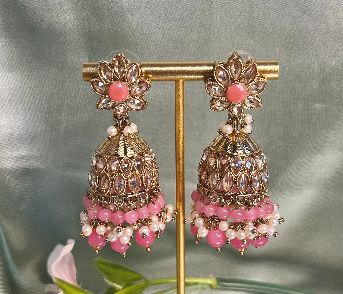 Medium Coral Crystal Indian Jhumka Earrings/Jhumkis/ Fashion Jewellery/ Gift for Women/Indian/Antique Gold Earrings/Valentines gifts